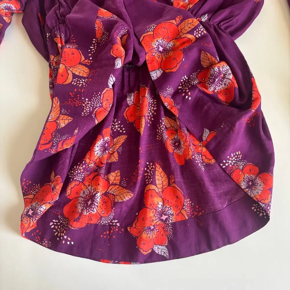 Free People Tuscan Dream Long Sleeve Tunic Boho Purple Floral Print Womens Small
